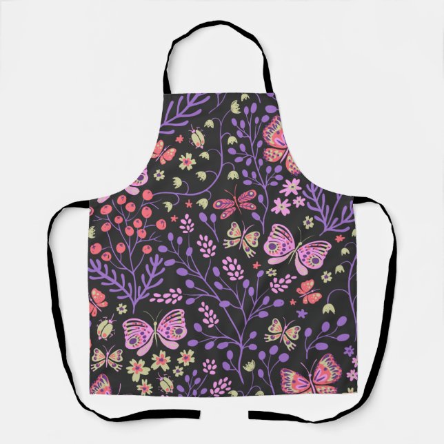 Tablier Papillon coloré et Fleurs Rose mignon (Recto)
