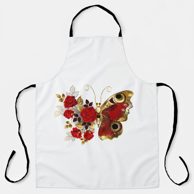 Tablier Papillon de fleurs rouges aux roses rouges (Recto)