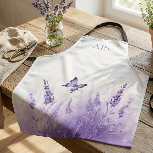 Tablier Papillon Fleur Sauvage Lavande Floral Monogramme (Monogram lavender wildflower and butterfly design — perfect birthday gift idea for her.)