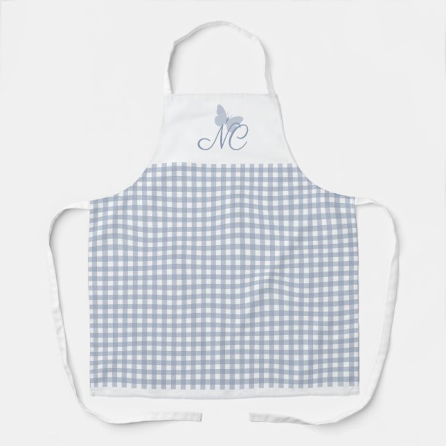 Tablier Papillon Monogramme Dusty Blue En vichy Chèques (Recto)