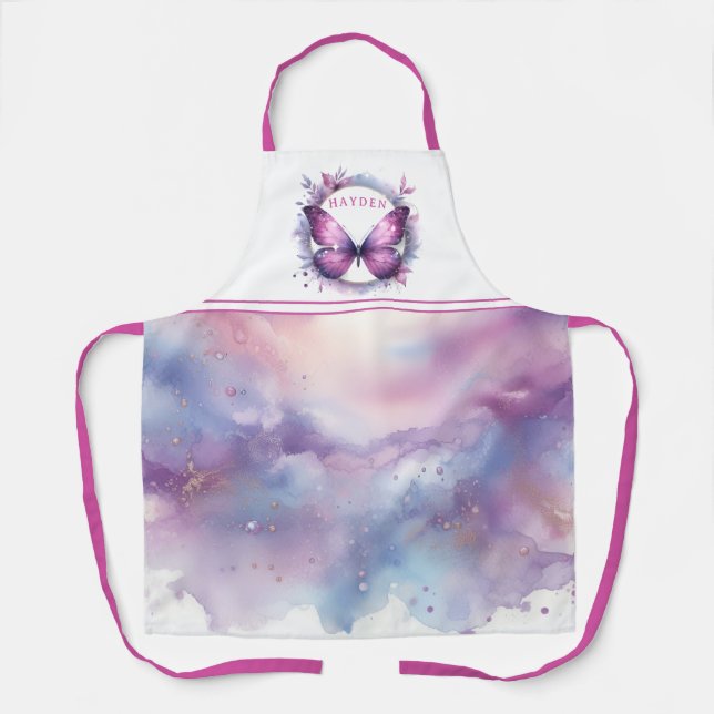 Tablier Papillon Pailleté Violet - Initiale Personnalisée (Recto)