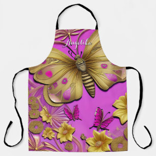 Tablier Papillons dorés rose chaud Nom personnalisé