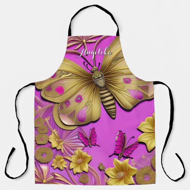Tablier Papillons dorés rose chaud Nom personnalisé (Recto)