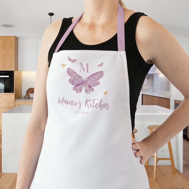 Tablier Papillons Purple Gold Personnalisé Monogramme Mama (butterflies personalized apron mom hostess grandma gift thanksgiving christmas custom monogram lilac)