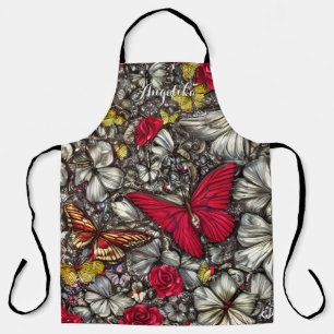 Tablier Papillons rouges et noirs Nom personnalisé