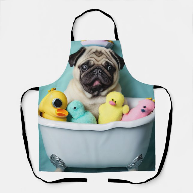 Tablier Paradis du Pug : Une Beauté de Bain dans la Baigno (Recto)