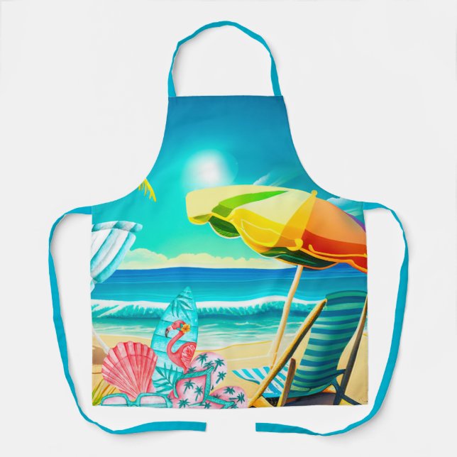 Tablier Parapluies de plage d'été, planche de surf et arbr (Recto)