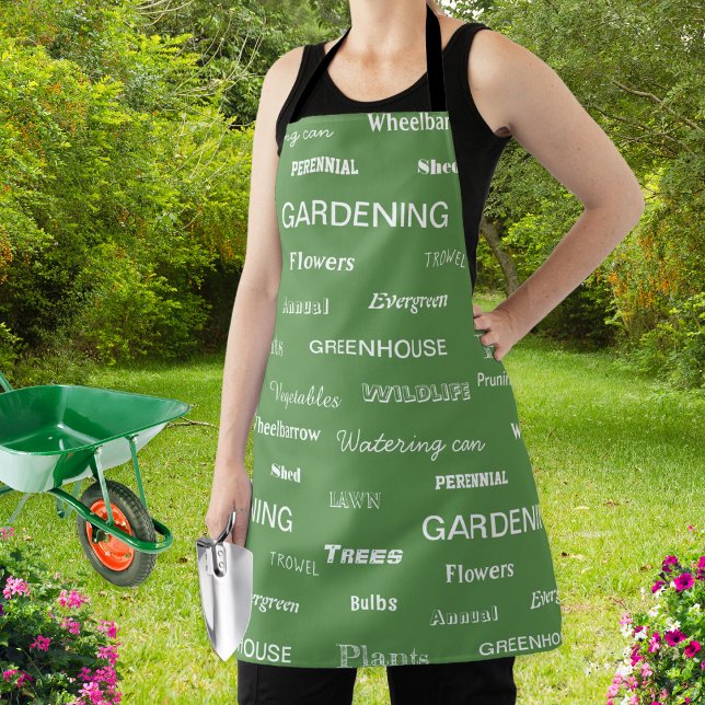 Tablier Paroles de jardinage élégant et vert (A stylish apron for garden lovers, patterned with gardening related words on a green background)