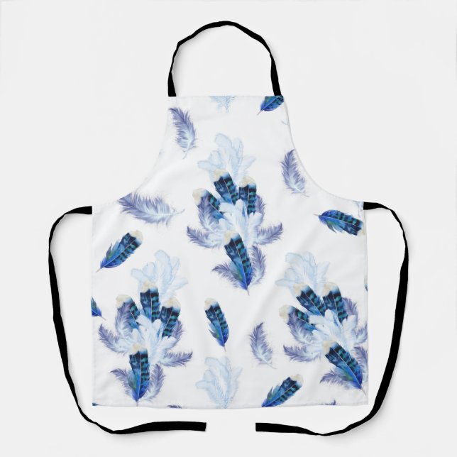 Tablier Parrot Exotique-Blanc Bleu Plumes Répéter (Recto)
