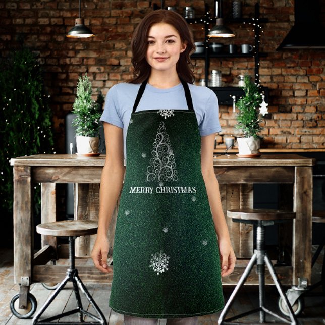 Tablier Parties scintillant d'arbre de Noël et flocons de  (Green Christmas Tree Glitter and Snowflakes Apron)