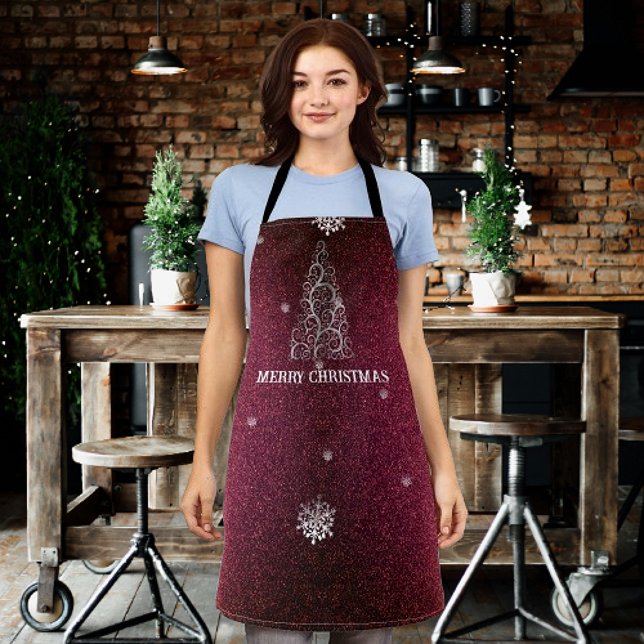 Tablier Parties scintillant d'arbre de Noël et flocons de  (Red Christmas Tree Glitter and Snowflakes Apron)