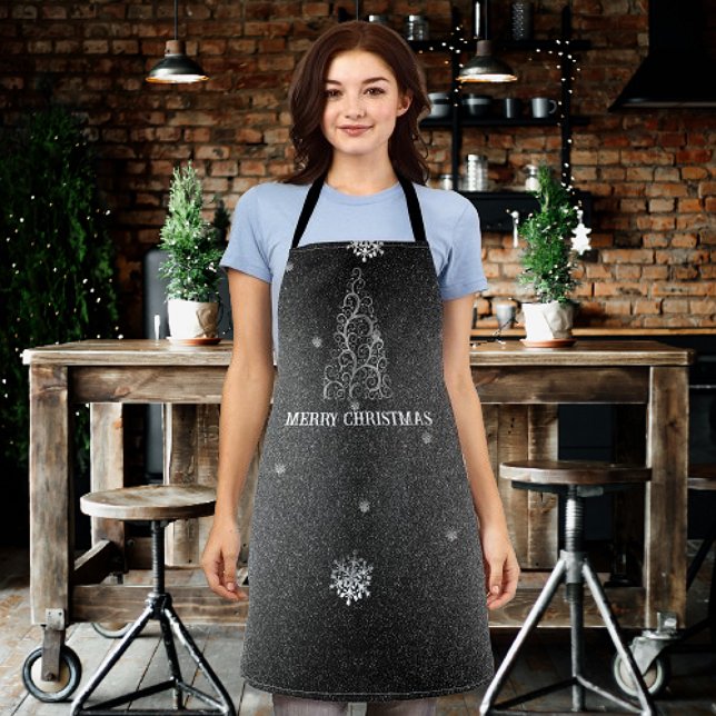 Tablier Parties scintillant d'arbre de Noël et flocons de  (Silver Christmas Tree Glitter and Snowflakes Apron)