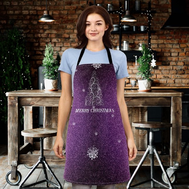 Tablier Parties scintillant d'arbre de Noël et flocons de  (Magenta Christmas Tree Glitter and Snowflakes Apron)