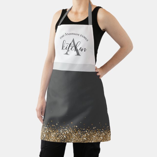 Tablier parties scintillant en or noir chic nom monogramme (Insitu)