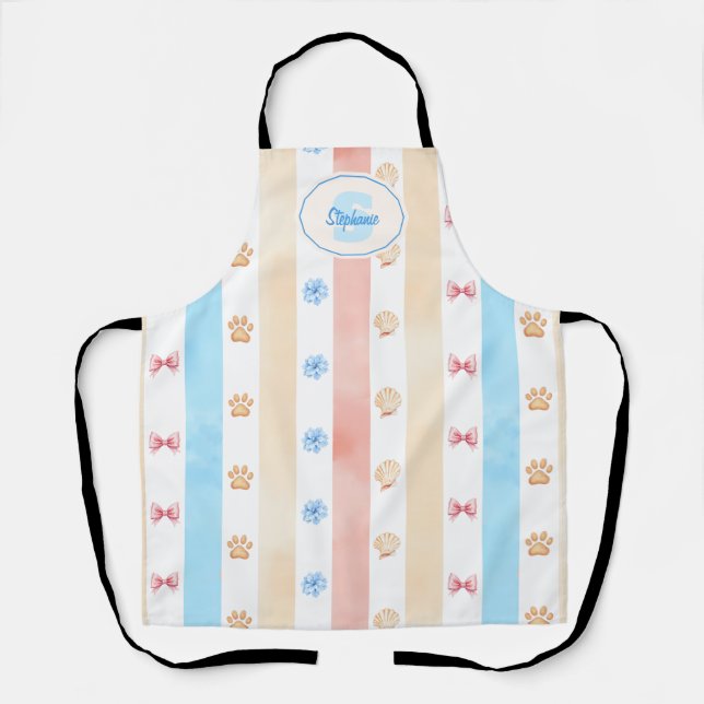 Tablier Pastel Stripe - Empreintes de pattes, Fleur Bleue, (Recto)