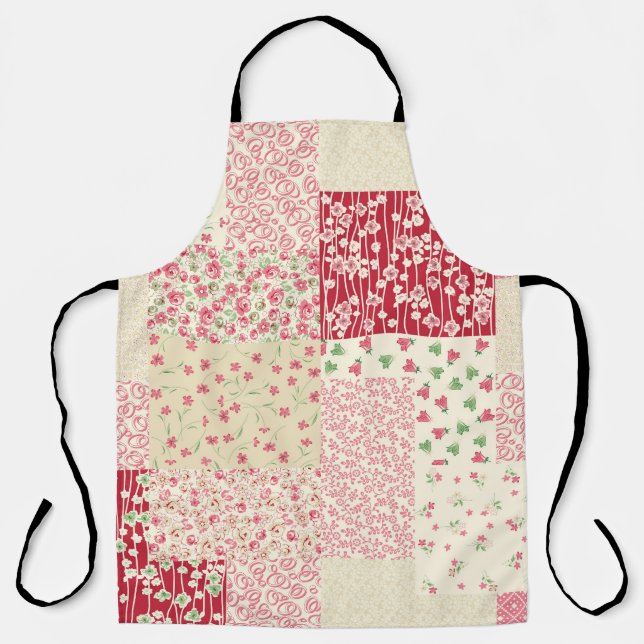 Tablier Patchwork Floral : Ornements dessinés à la main. (Recto)