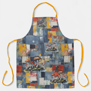 Tablier Patchwork Retro Denim avec Champignons