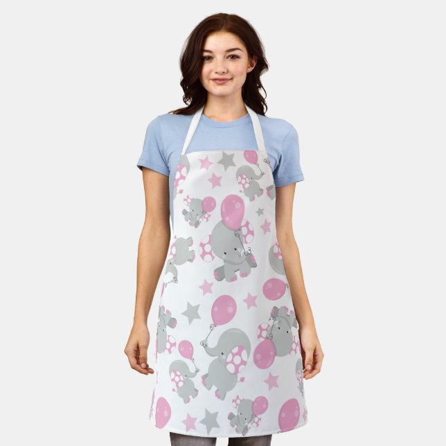 Tablier Pattern of Elephants, Cute Elephants - Pink Gray (Porté)