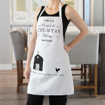 Tablier Pays personnalisé, Barre et Coq noir et blanc<br><div class="desc">Magnifique tablier de style champêtre personnalisé avec deux zones de texte à customiser avec votre propre nom, ou nom de famille ainsi que votre propre message sur la zone inférieure. Utilisation de calligraphie à l'ancienne de style rustique et de typographie de bloc. Phrase "Always Fresh, Country Kitchen" dans un mélange...</div>