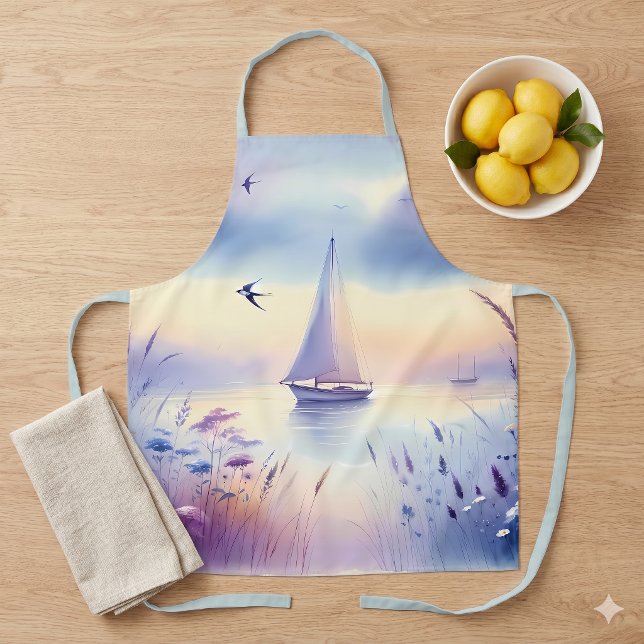 Tablier Paysage côtier onirique avec voilier pastel (Pastel Sailboat Coastal Dreamscape Apron)