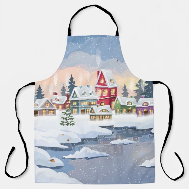 Tablier Paysage de Noël d'hiver avec maison enneigée (Recto)