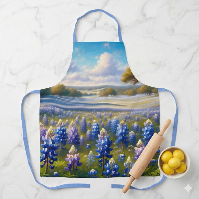 Tablier Paysage de prairie aux bleuets du Texas (Texas Bluebonnet Meadow Landscape Apron On Marble Counter)