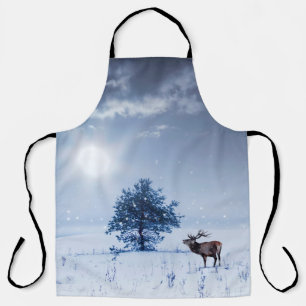 Tablier Paysage d'hiver de couleur bleue. Arbre solitaire 