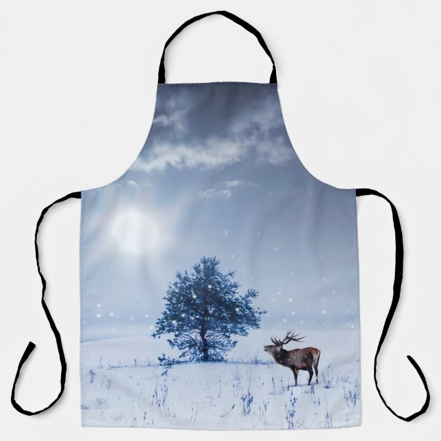 Tablier Paysage d'hiver de couleur bleue. Arbre solitaire  (Recto)