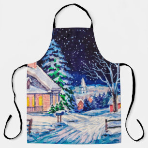 Tablier Paysage hivernal enneigé. Maison de campagne. Noël