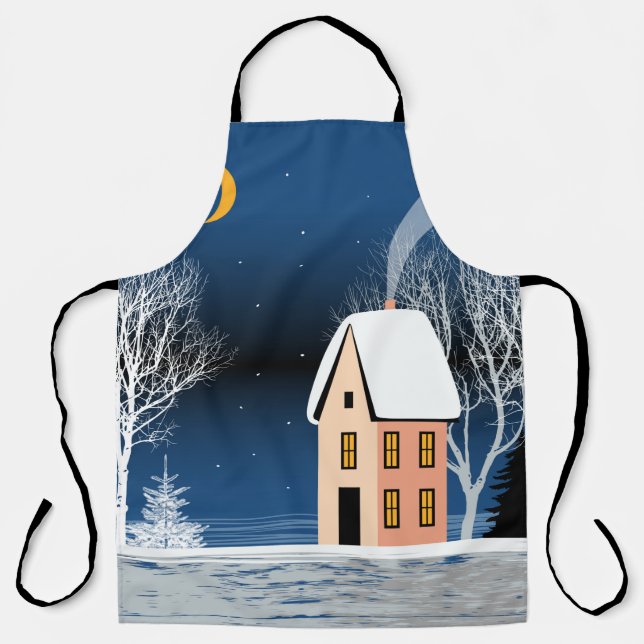 Tablier Paysage nocturne d'hiver. Maison cosy, divers arbr (Recto)