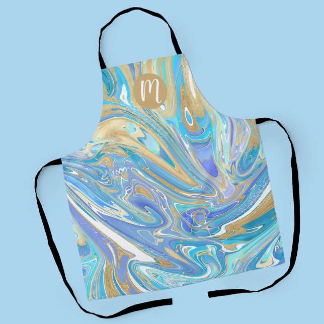 Tablier Pearlescent Aqua & Gold Liquide Marbre & Monogramm (Aqua Pearlescent Marble Design with Monogram Apron)
