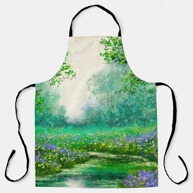 Tablier Peinture à l'huile de paysage de printemps, forêt. (Recto)