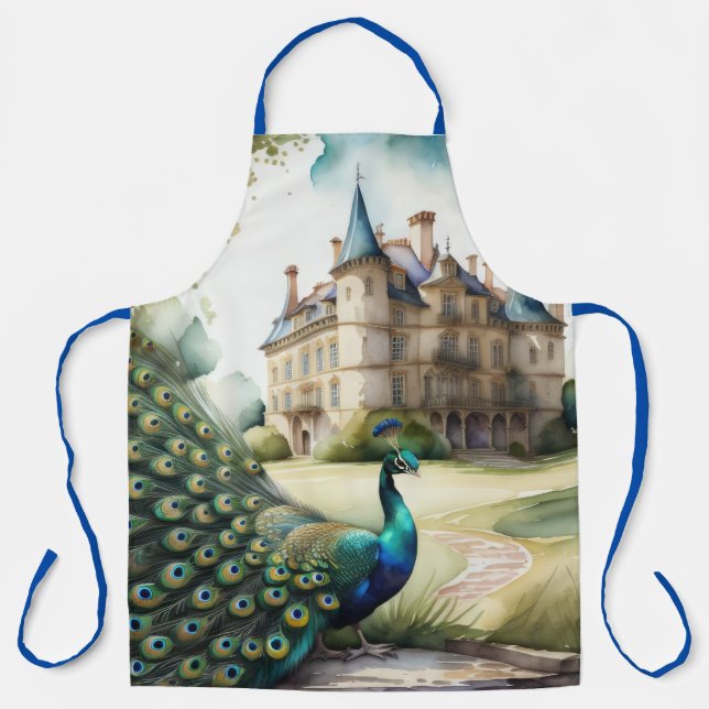 Tablier Peinture aquarellée de paon et de château (Recto)