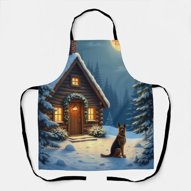 Tablier Peinture de Noël de cabane enneigée avec Berger Al (Recto)