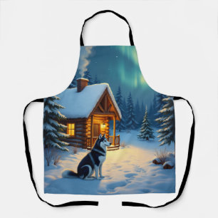 Tablier Peinture de Noël de cabane enneigée avec Husky sib
