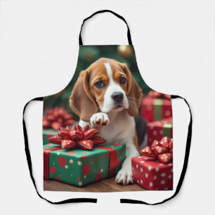 Tablier Peinture de Noël : un Beagle emballant des cadeaux