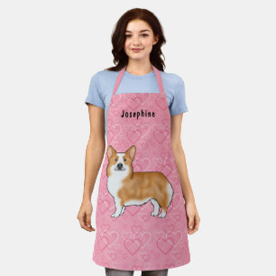 Tablier Pembroke Welsh Corgi rouge sur cœurs roses avec no