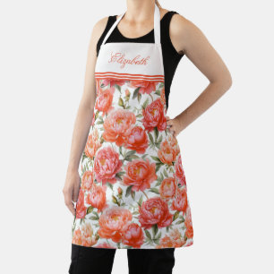 Tablier Peonies roses Orange Motif Floral   Personnalisé