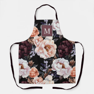 Tablier Peonies sombres Motif floral   Monogramme
