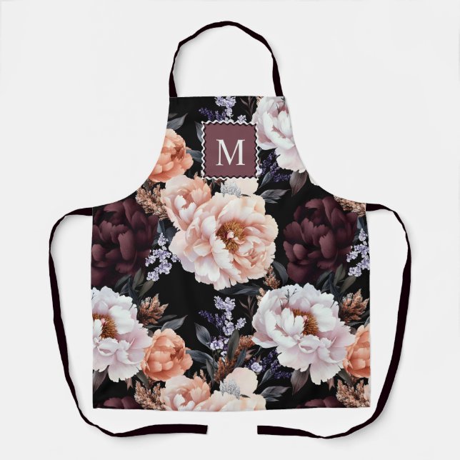 Tablier Peonies sombres Motif floral | Monogramme (Recto)
