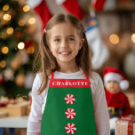 Tablier Peppermenthe Bonbon Rouge Vert Noël Personnalisé<br><div class="desc">Nom personnalisé avec couleur arrière - plan personnalisée et bande pour votre nom avec 3 bonbons de menthe poivrée; dessins originaux de Becky Nimoy</div>