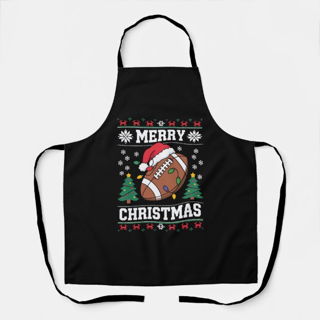 Tablier Père Noël de style pull de Noël moche football amé (Recto)