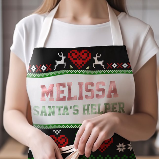Tablier Père Noël Helper Ugly Christmas Sweat petit tablie (Cute Ugly Sweater Christmas Santa's Helper Apron with Any Name (Try Your Name Now!) | SIZE SMALL)