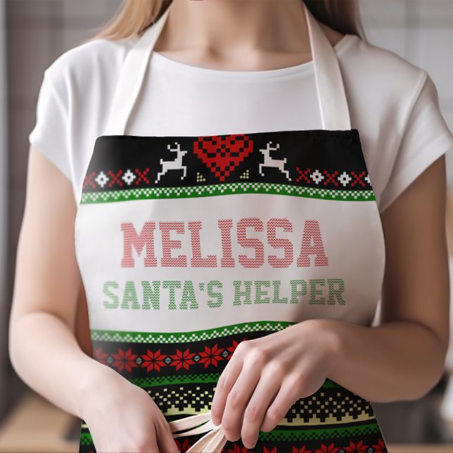 Tablier Père Noël Helper Ugly Christmas Sweater LARGE (Cute Santa's Helper Ugly Sweater Apron with Any Name in Faux Stitched Typography | SIZE LARGE)