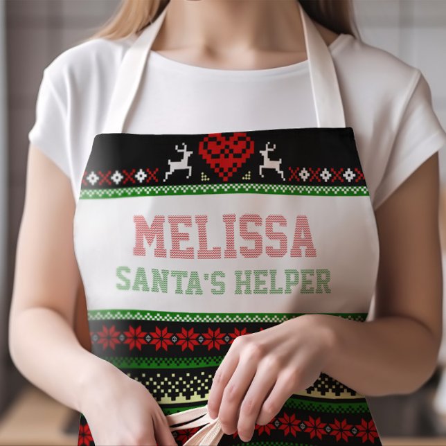 Tablier Père Noël Helper Ugly Christmas Sweer MEDIUM (Cute Santa's Helper Ugly Sweater Apron with Any Name in Faux Stitched Typography | SIZE MEDIUM)