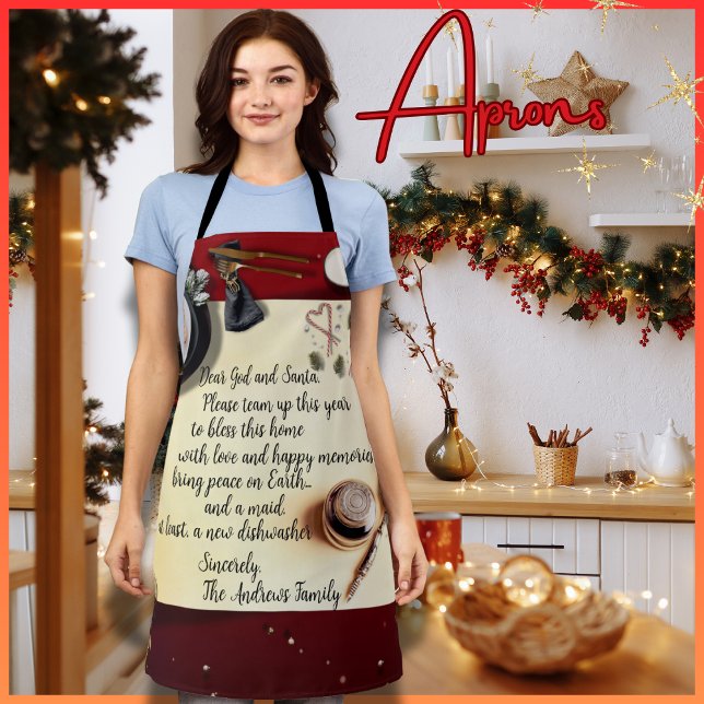 Tablier Père Noël Note Peace Funky Demande Quill Pen Moyen (A pretty apron with a funny wish for something to make life less laborious)