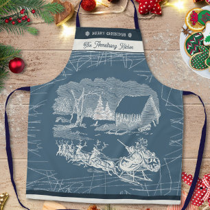 Tablier Père Noël Traîneau Renne Bleu Ardoise Vintage Noël