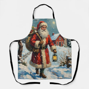 Tablier Père Noël vintage sur le chemin enneigé de la ferm