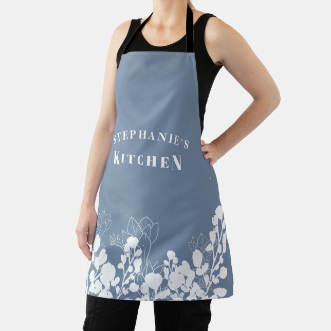 Tablier Périwinkle Nom personnalisé Apron floral blanc (Insitu)