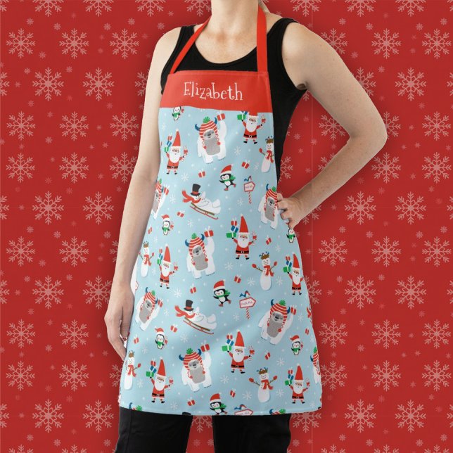 Tablier Persoanlisé Cute hiver Noël Vacances Cuisine (A fun winter Christmas holiday apron featuring Santa, a yeti, a snowman, and penguins)